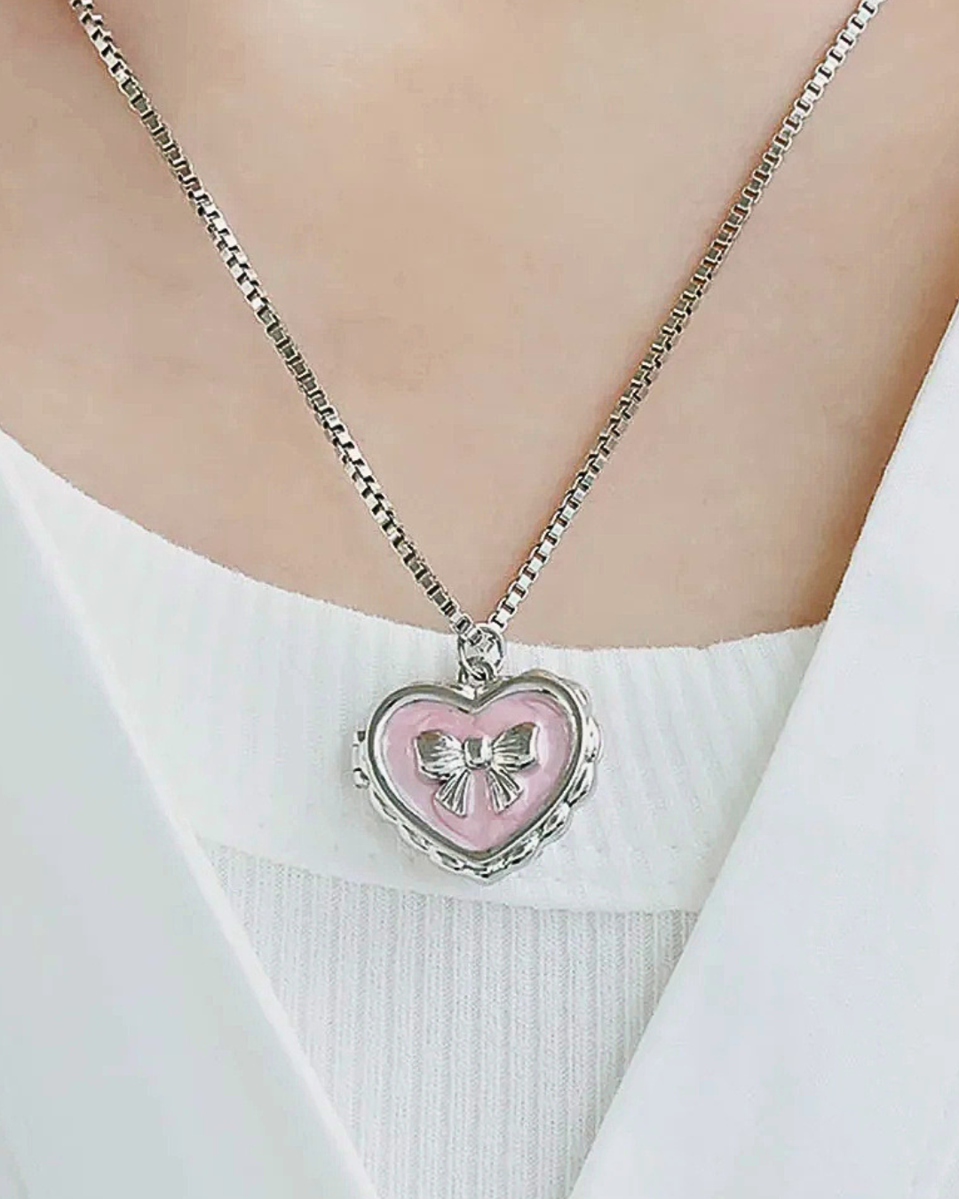 Pink Heart Locket Necklace with Bow – Custom Photo Keepsake Necklace