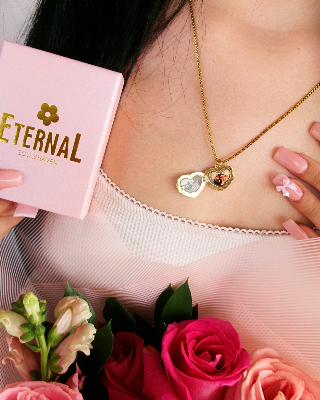Pink Heart Locket Necklace with Bow – Custom Photo Keepsake Necklace